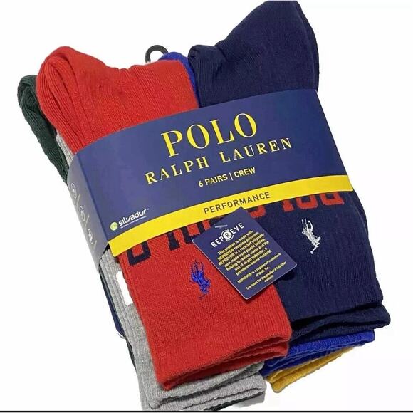 NWT MENS POLO RALPH LAUREN PERFORMANCE CREW SOCKS~6‎ PAIRS~ASSORTED - Picture 1 of 6